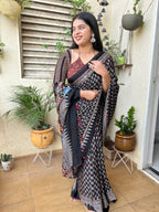 Black Ajrakh Hand Block Printed Modal Silk Saree