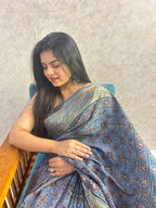 Indigo Blue Ajrakh Hand Block Printed Pure Dola Silk Saree