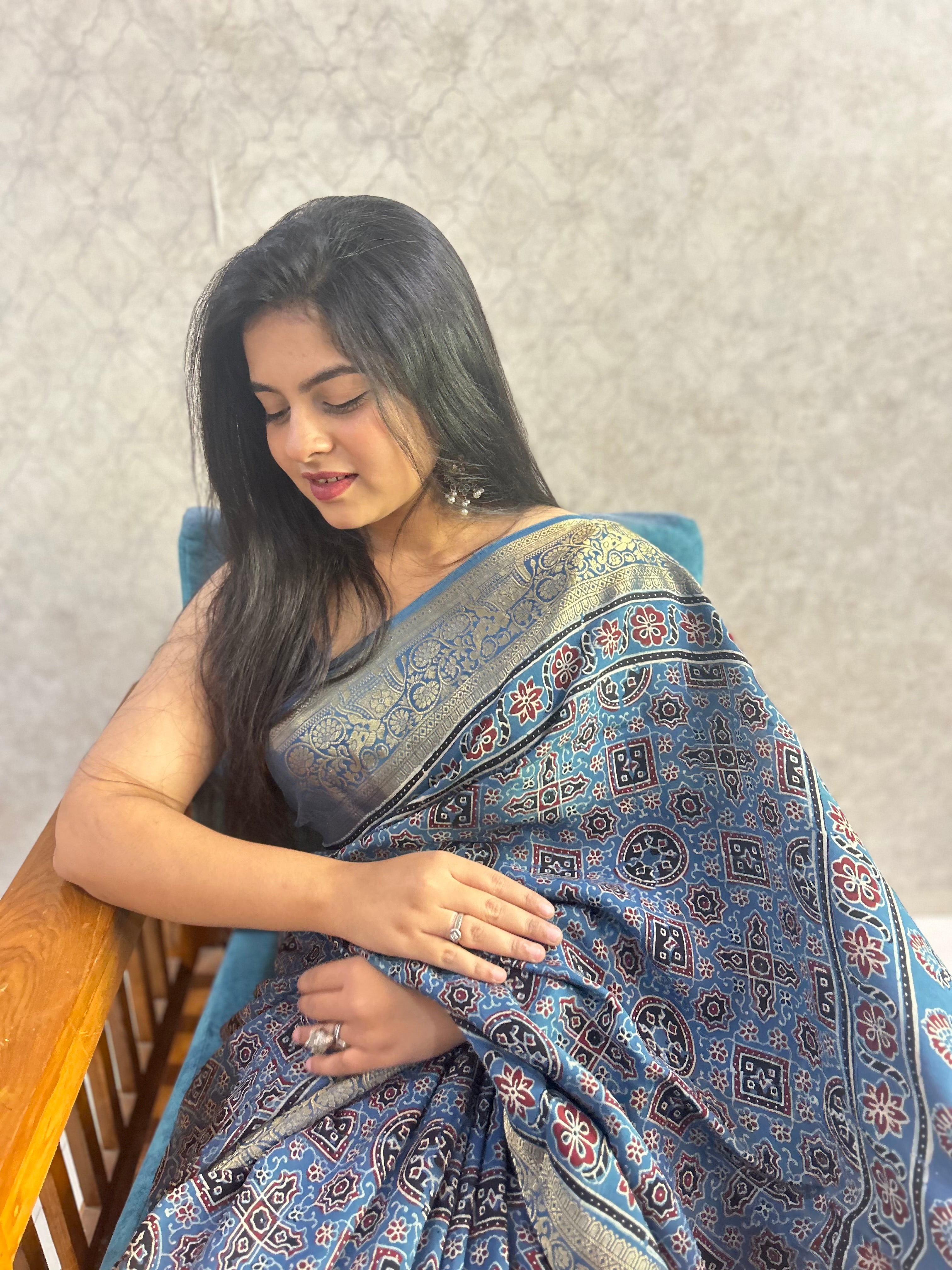 Indigo Blue Ajrakh Hand Block Printed Pure Dola Silk Saree