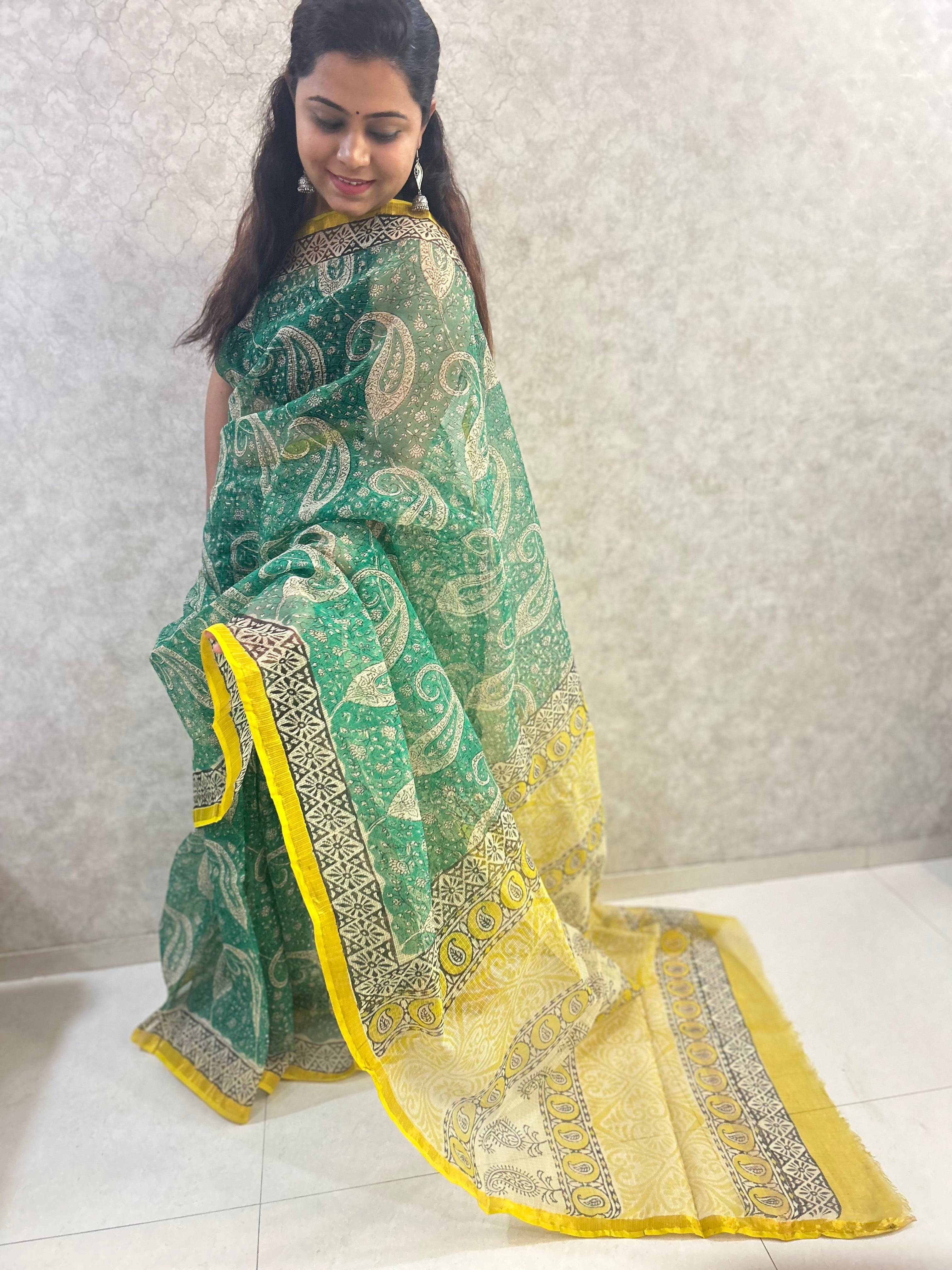 Green Bagru Print Kota Doria Saree