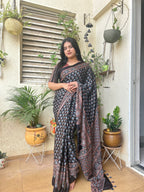 Black Floral Ajrakh Hand block Printed Modal Silk Saree