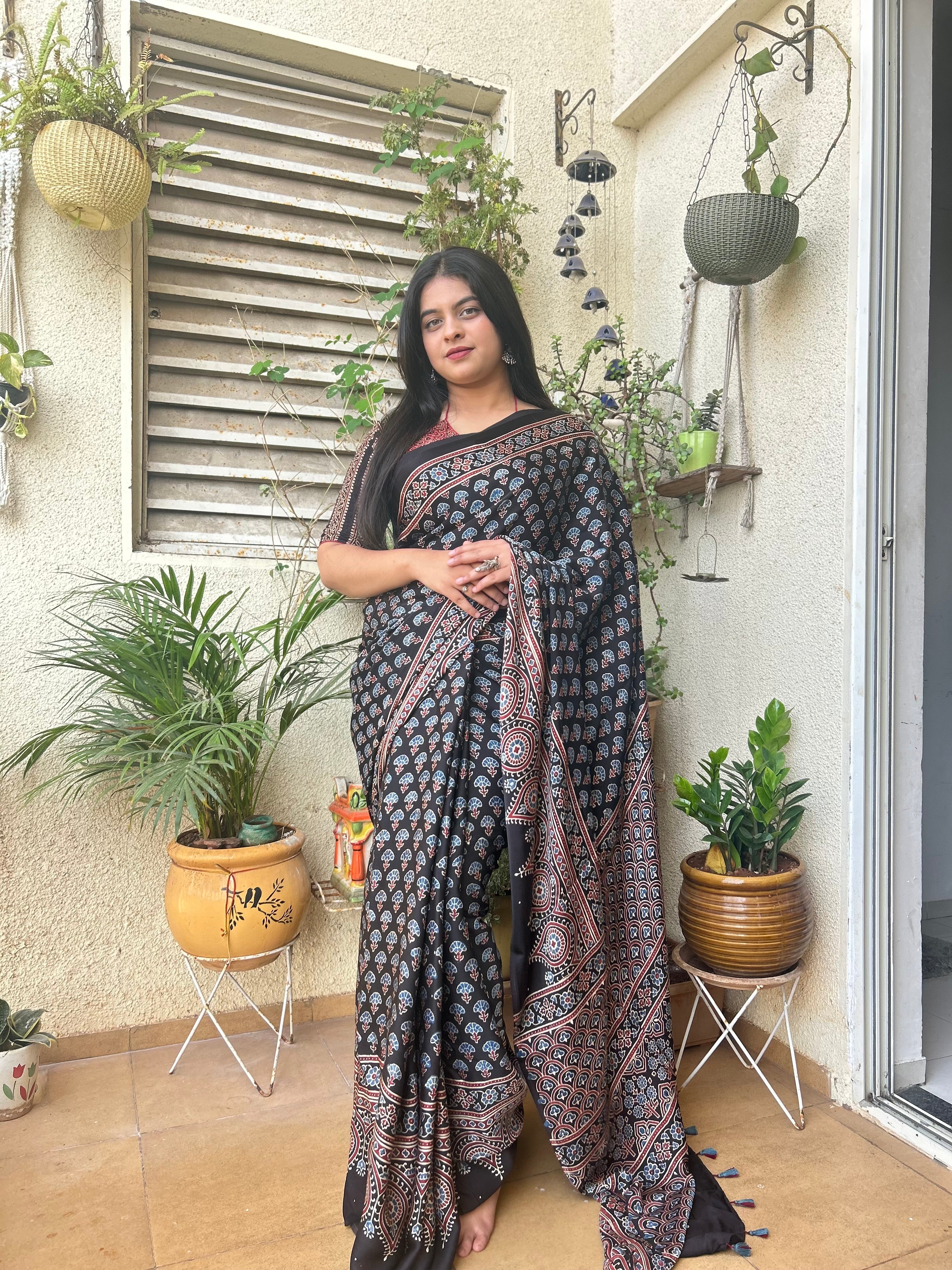 Black Floral Ajrakh Hand block Printed Modal Silk Saree