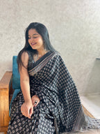 Black Lotus Ajrakh Hand Block Printed Modal Silk Saree
