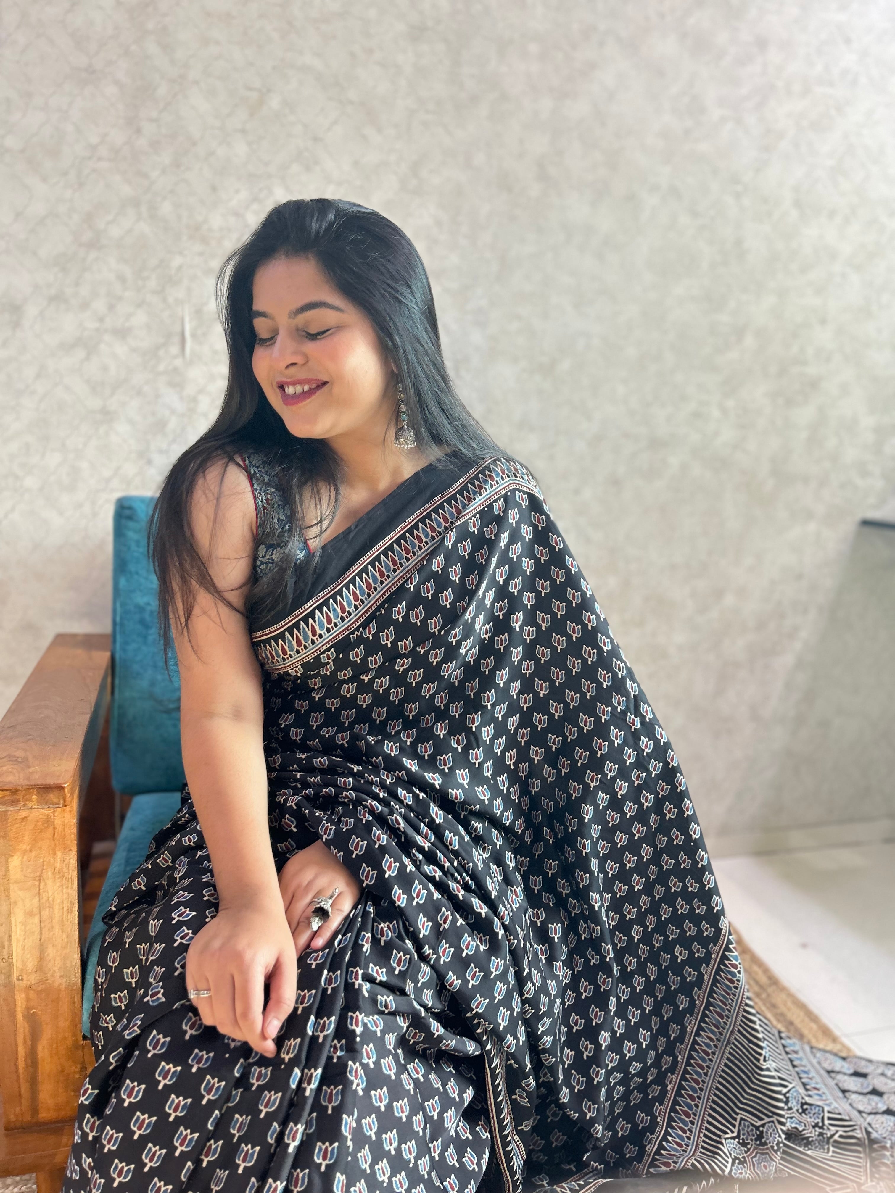 Black Lotus Ajrakh Hand Block Printed Modal Silk Saree