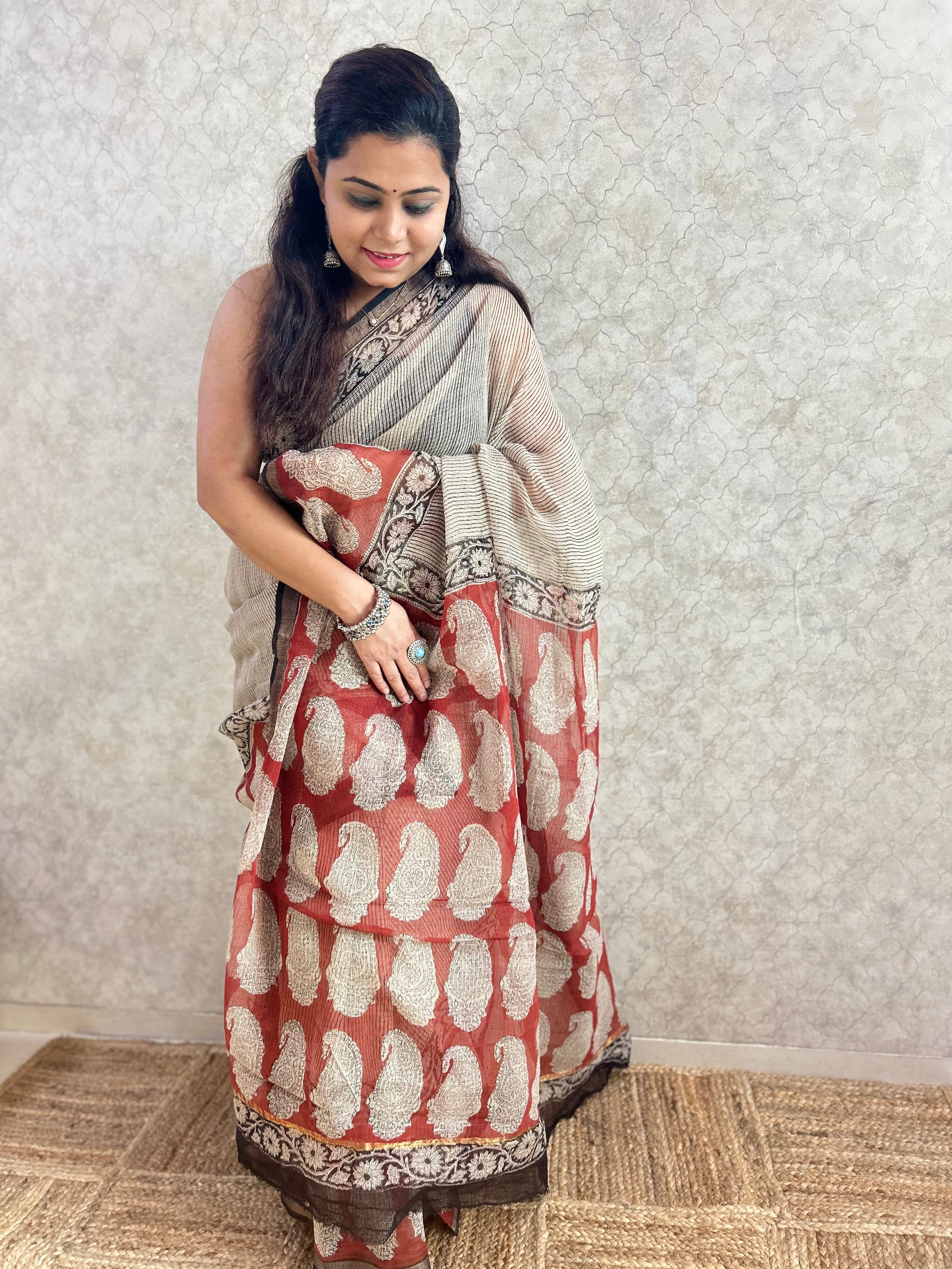Beige Bagru & Stripes Print Kota Doria Saree