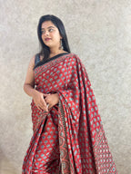 Red Floral Ajrakh Hand Block Printed Modal Silk Saree