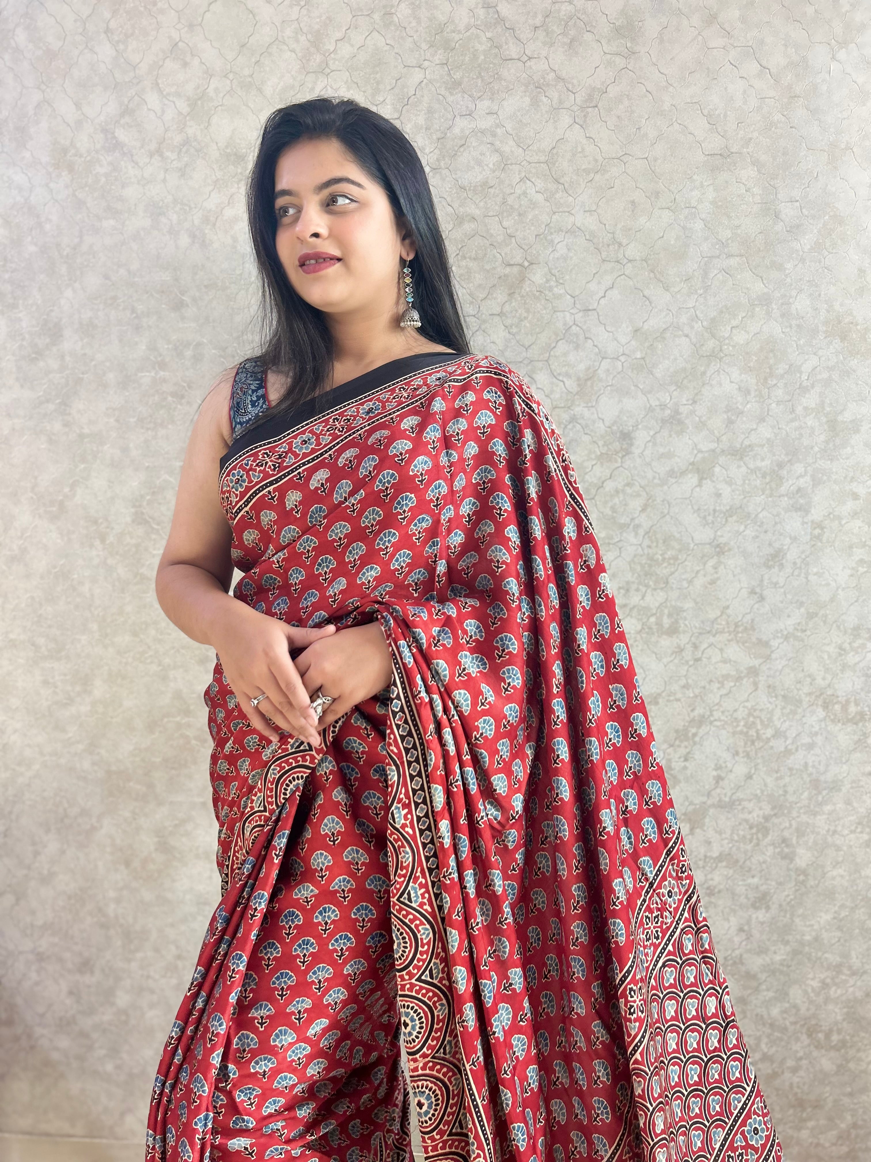 Red Floral Ajrakh Hand Block Printed Modal Silk Saree