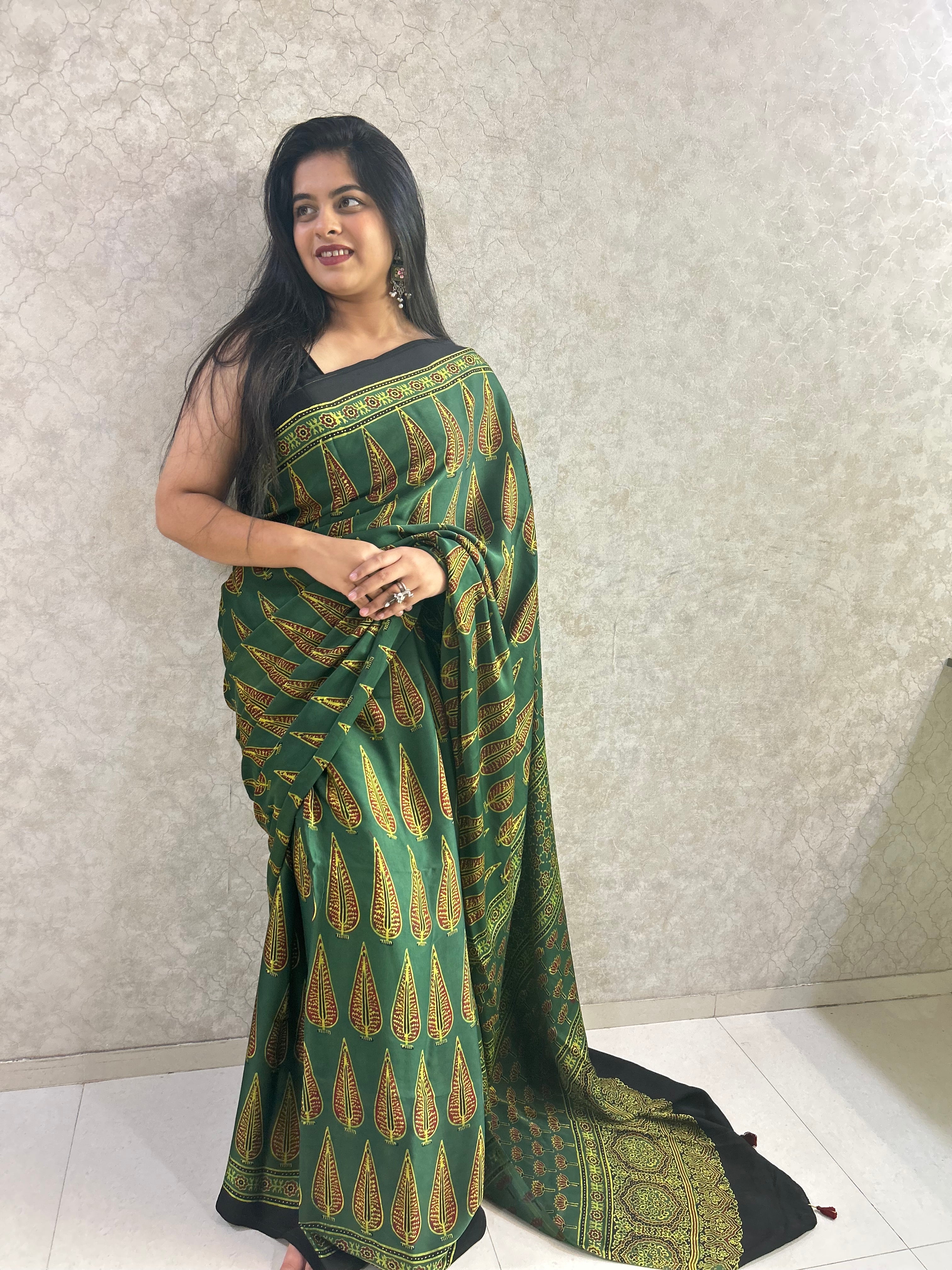 Green leafy Ajrakh Hand Block Printed Modal Silk Saree