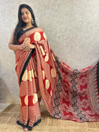 Red stripes Ajrakh Hand Block Printed Modal Silk Saree