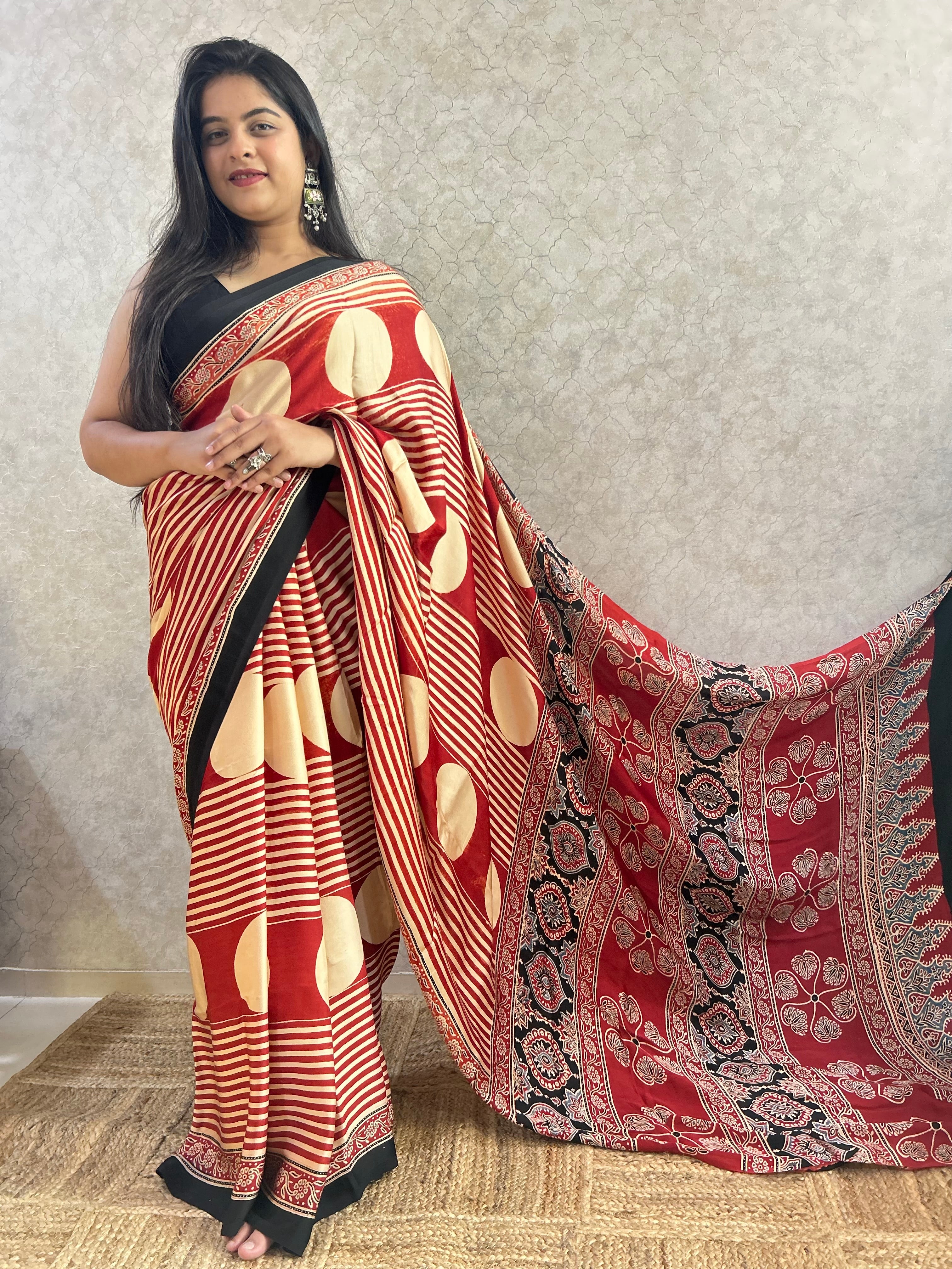 Red stripes Ajrakh Hand Block Printed Modal Silk Saree