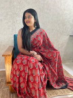 Red Peacock Ajrakh Hand Block Printed Modal Silk Saree