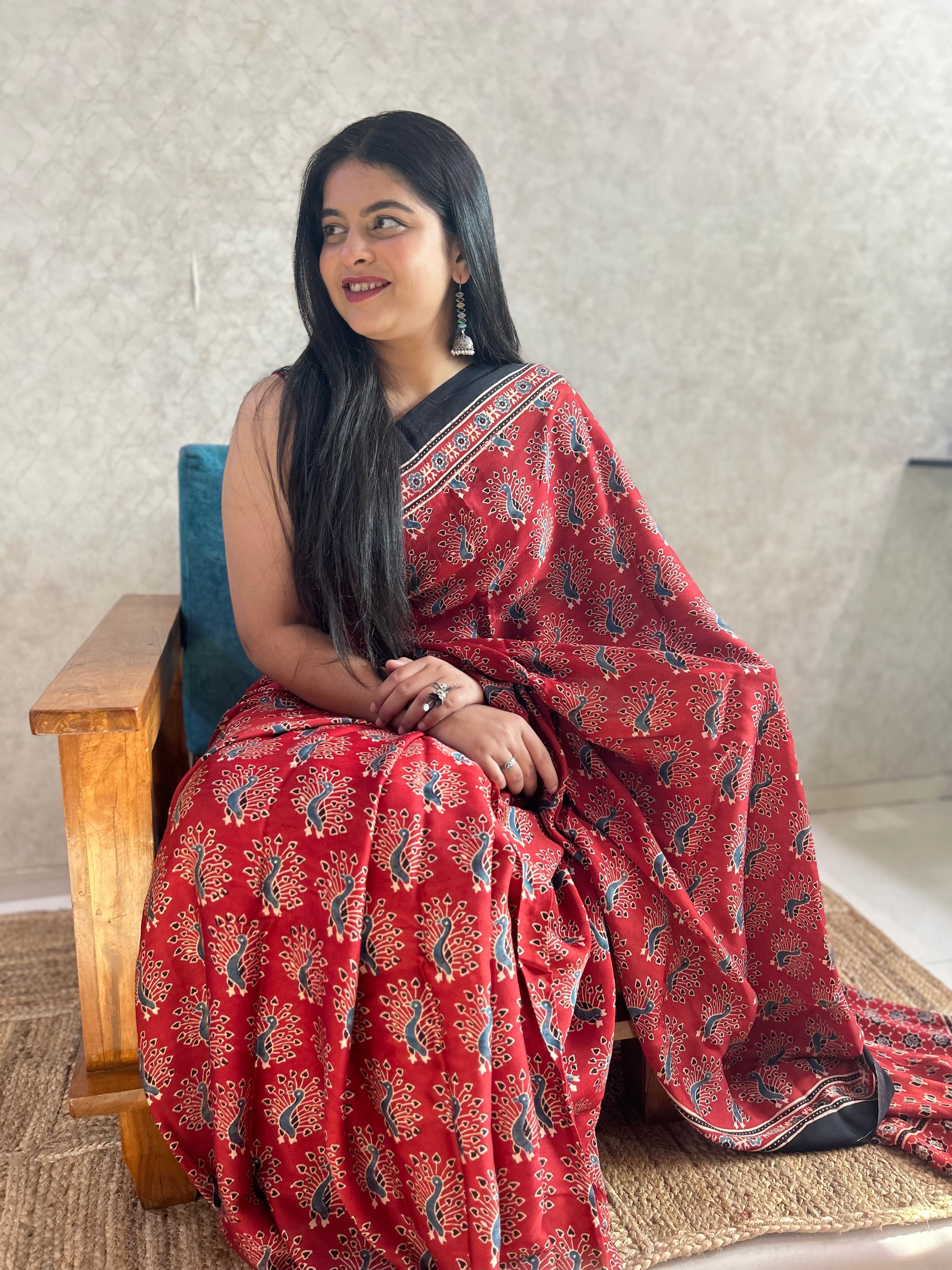Red Peacock Ajrakh Hand Block Printed Modal Silk Saree