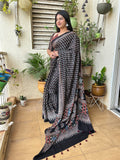 Black Ajrakh Hand Block Printed Modal Silk Saree