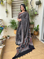 Black Ajrakh Hand Block Printed Modal Silk Saree