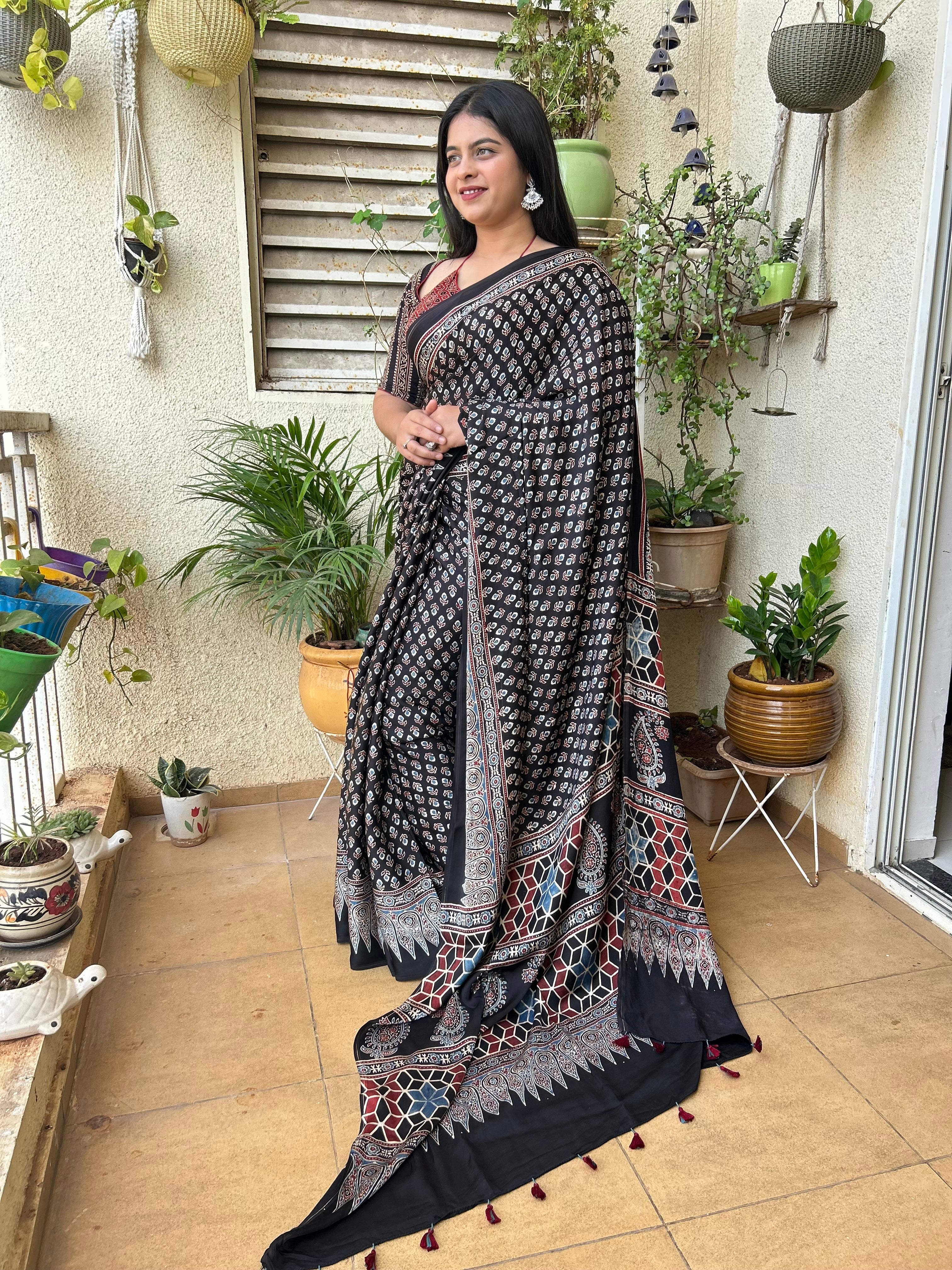 Black Ajrakh Hand Block Printed Modal Silk Saree