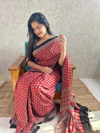 Red Lotus Ajrakh Hand Block Printed Modal Silk Saree