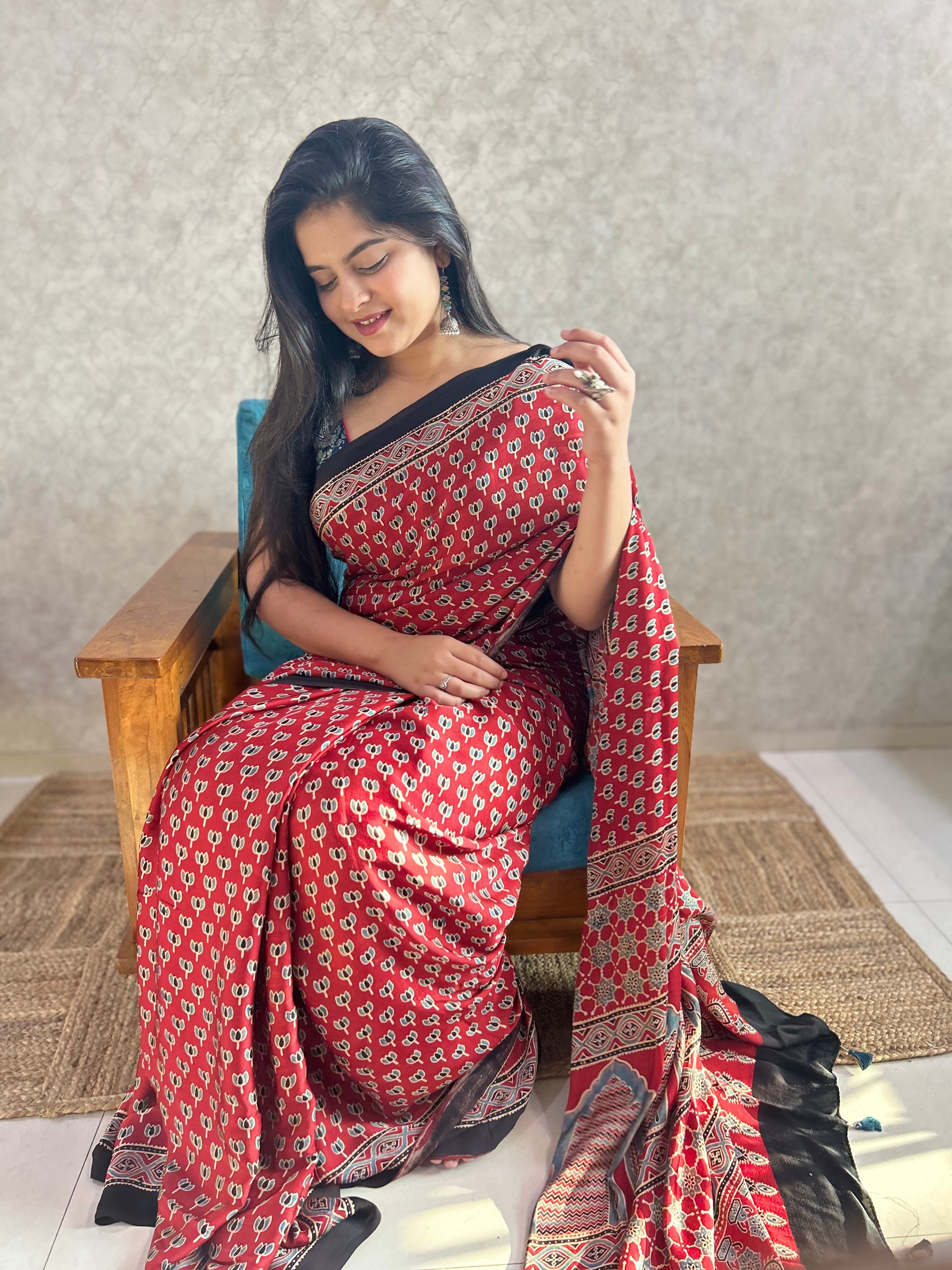 Red Lotus Ajrakh Hand Block Printed Modal Silk Saree