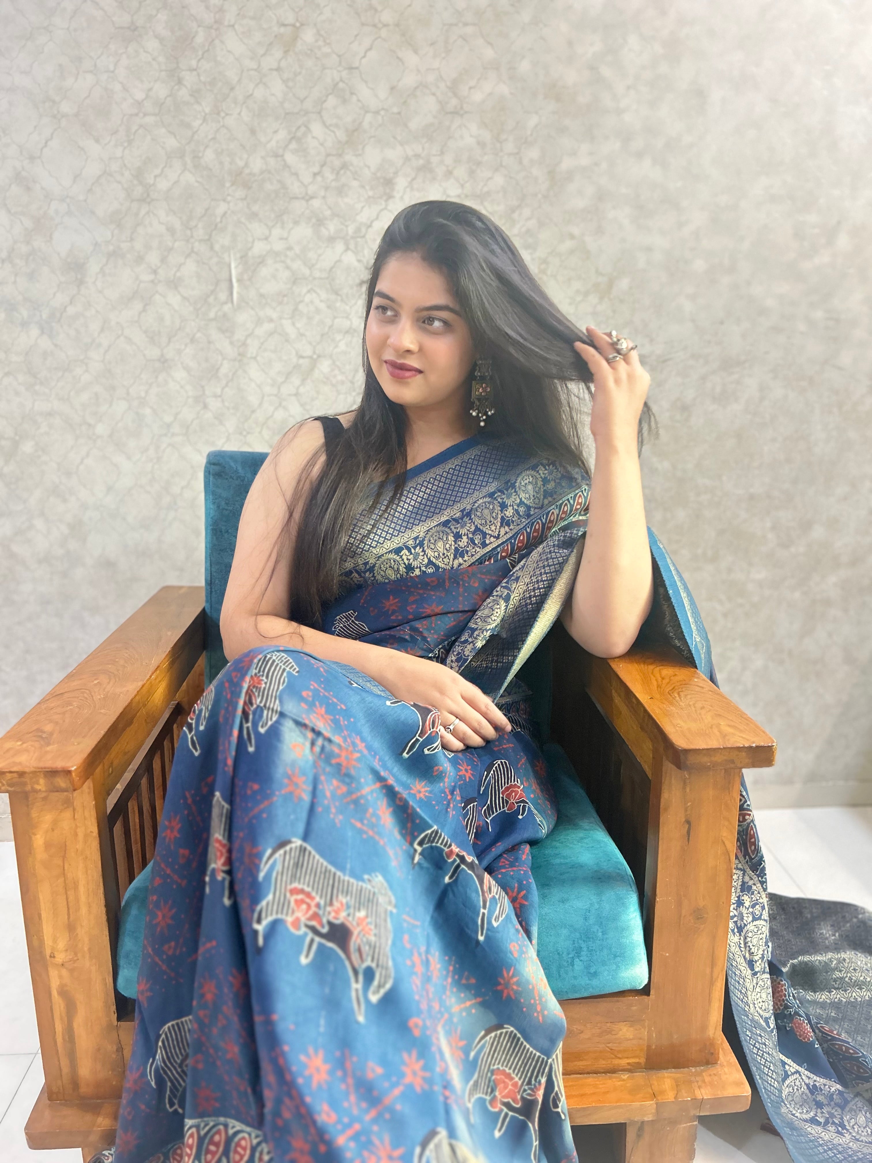 Indigo Blue Pichwai Hand Block Printed Pure Dola Silk Saree