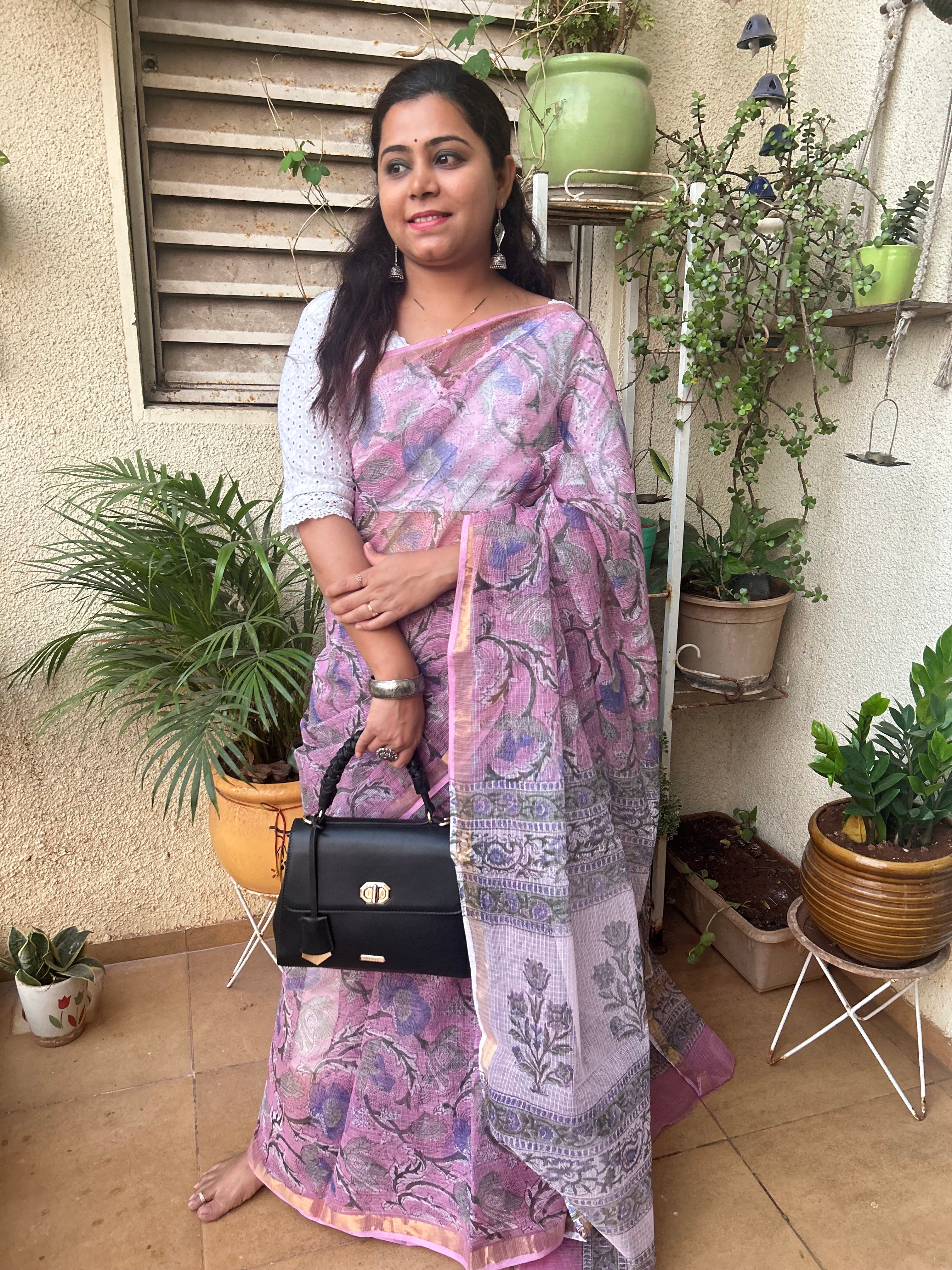 Lavender Sanganeri Print Kota Doria Saree