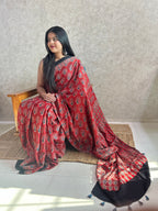 Red Peacock Ajrakh Hand Block Printed Modal Silk Saree