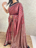 Red Floral Ajrakh Hand Block Printed Modal Silk Saree