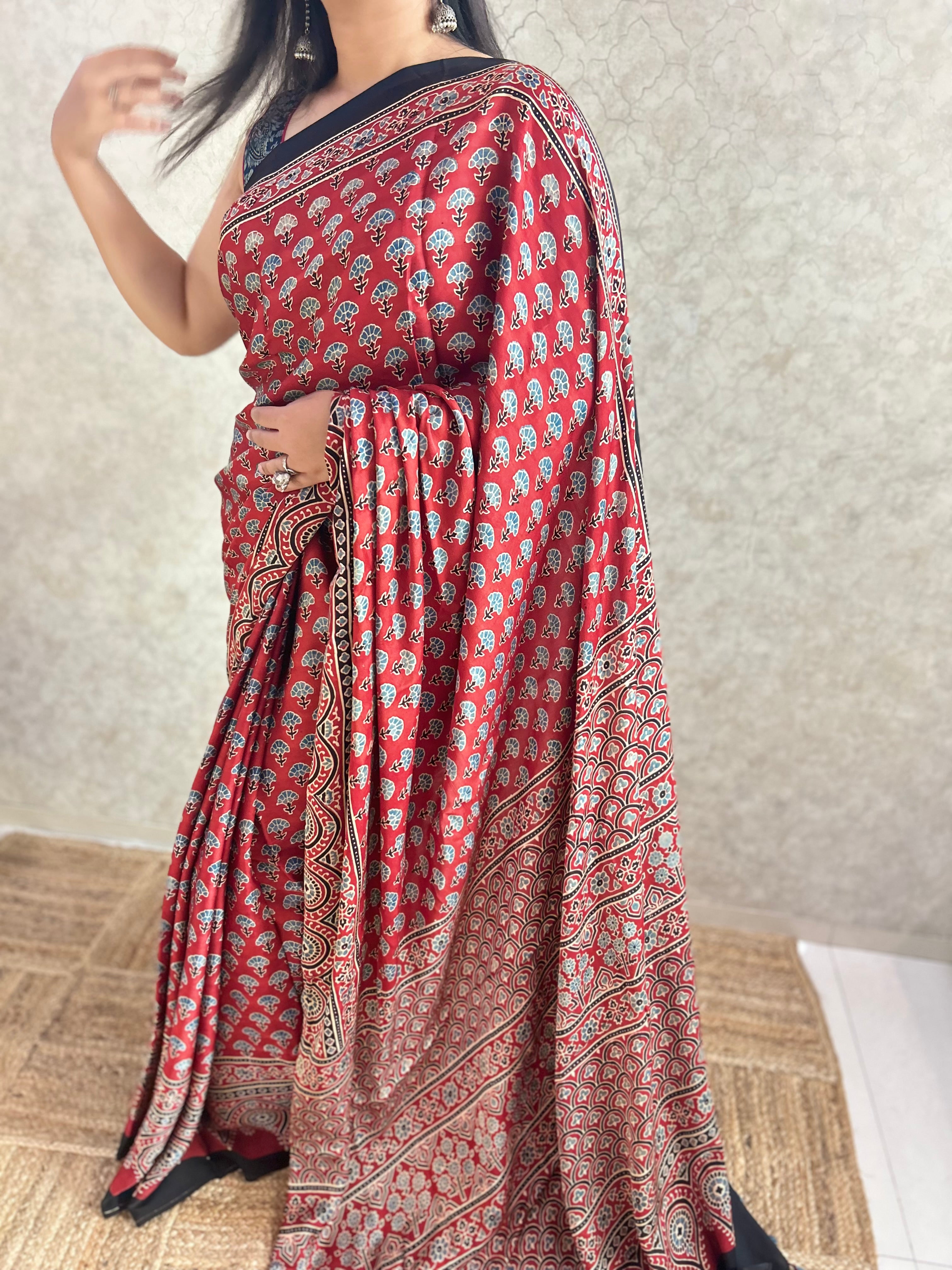 Red Floral Ajrakh Hand Block Printed Modal Silk Saree
