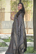 Black Ajrakh Hand Block Printed Pure Dola Silk Saree