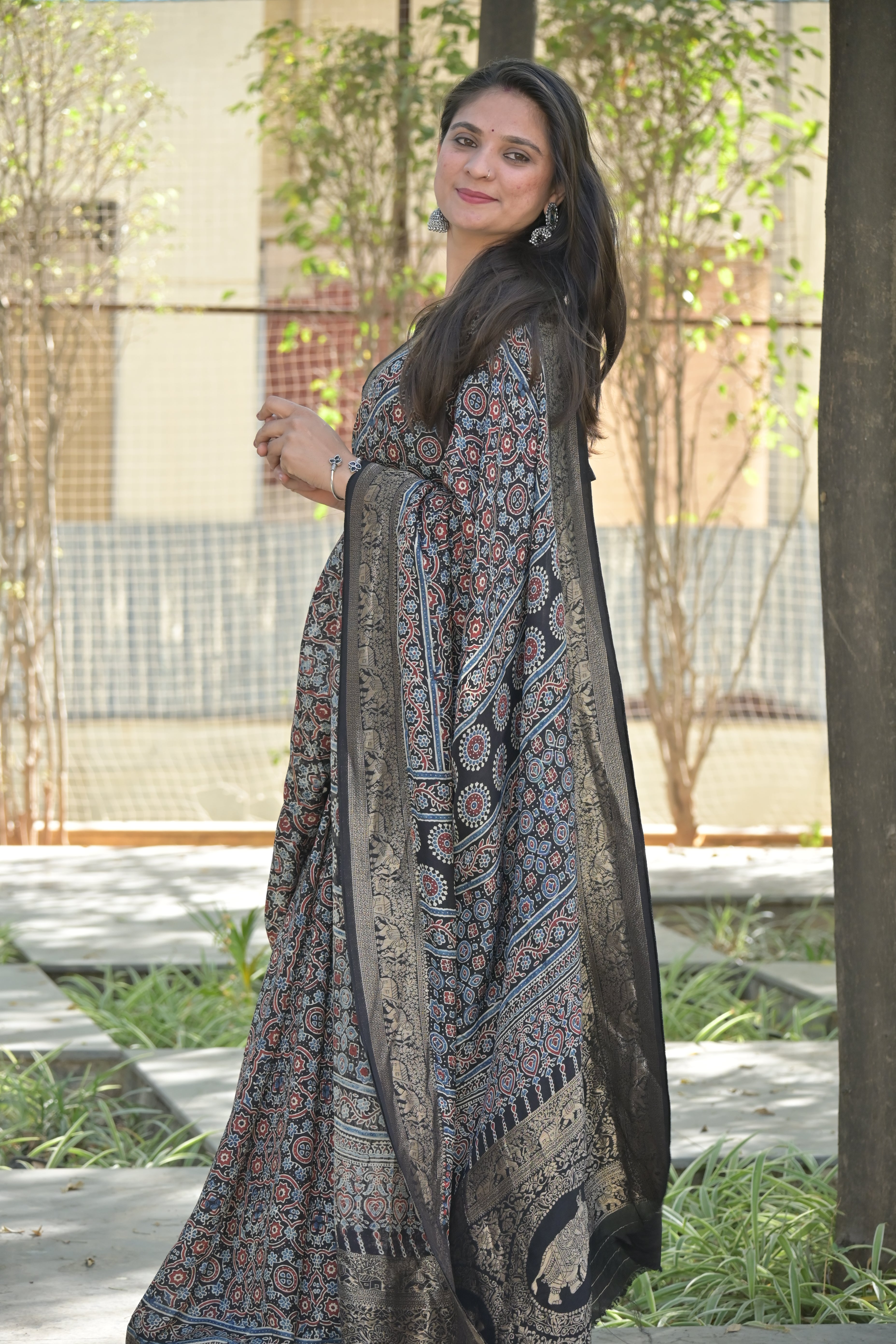 Black Ajrakh Hand Block Printed Pure Dola Silk Saree