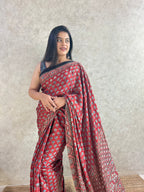 Red Floral Ajrakh Hand Block Printed Modal Silk Saree