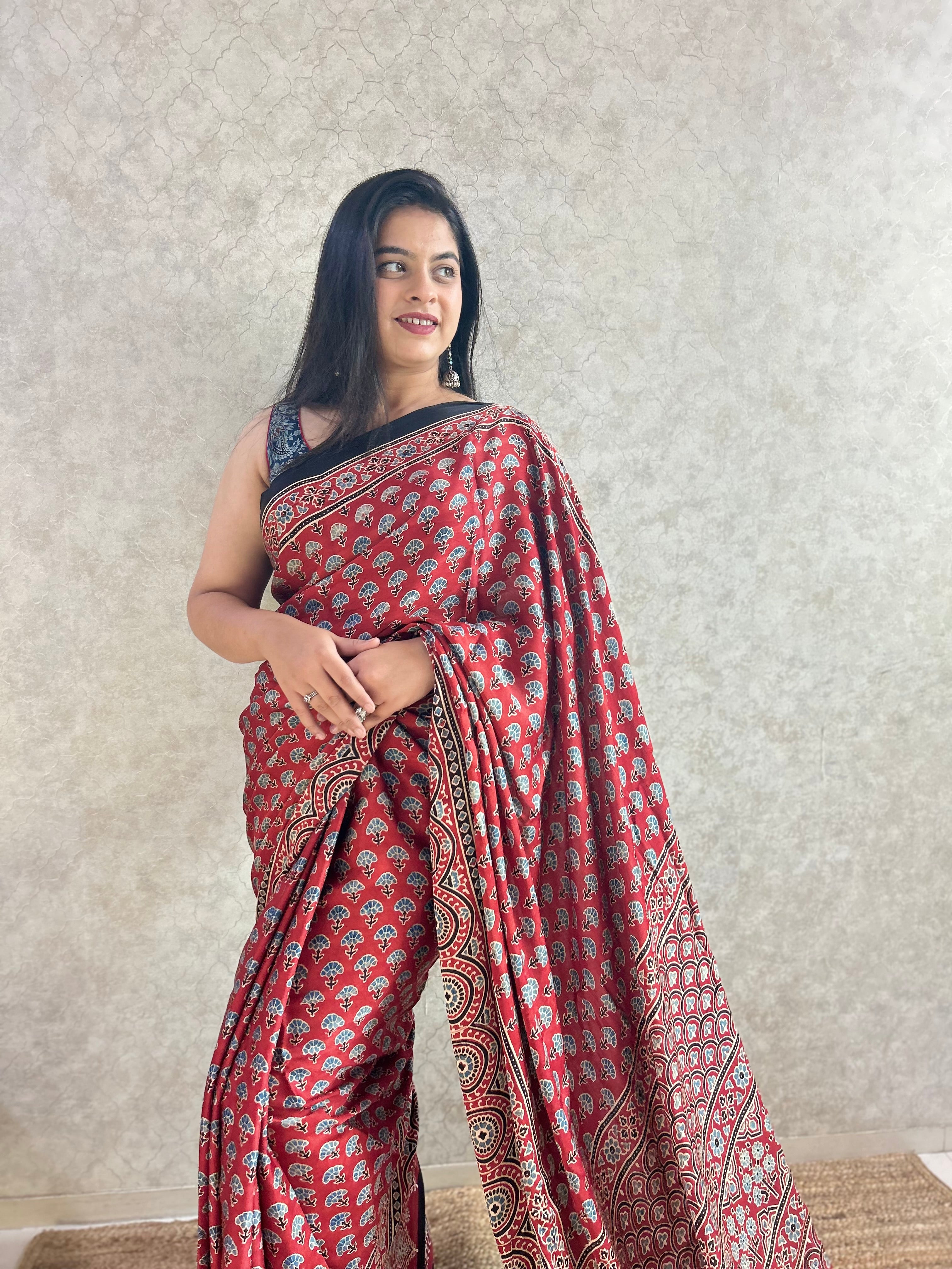Red Floral Ajrakh Hand Block Printed Modal Silk Saree