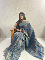 Indigo Blue Ajrakh Hand Block Printed Pure Dola Silk Saree