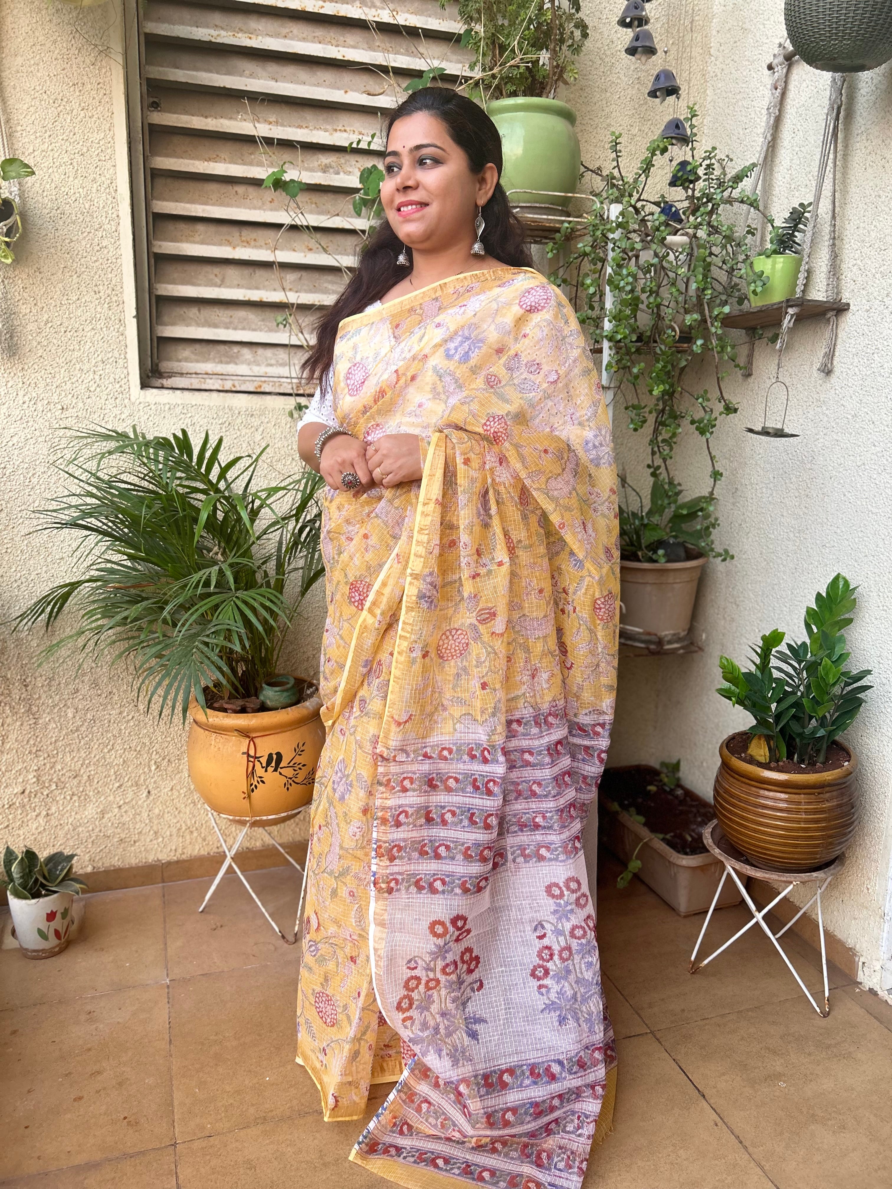Yellow Sanganeri Print Kota Doria Saree