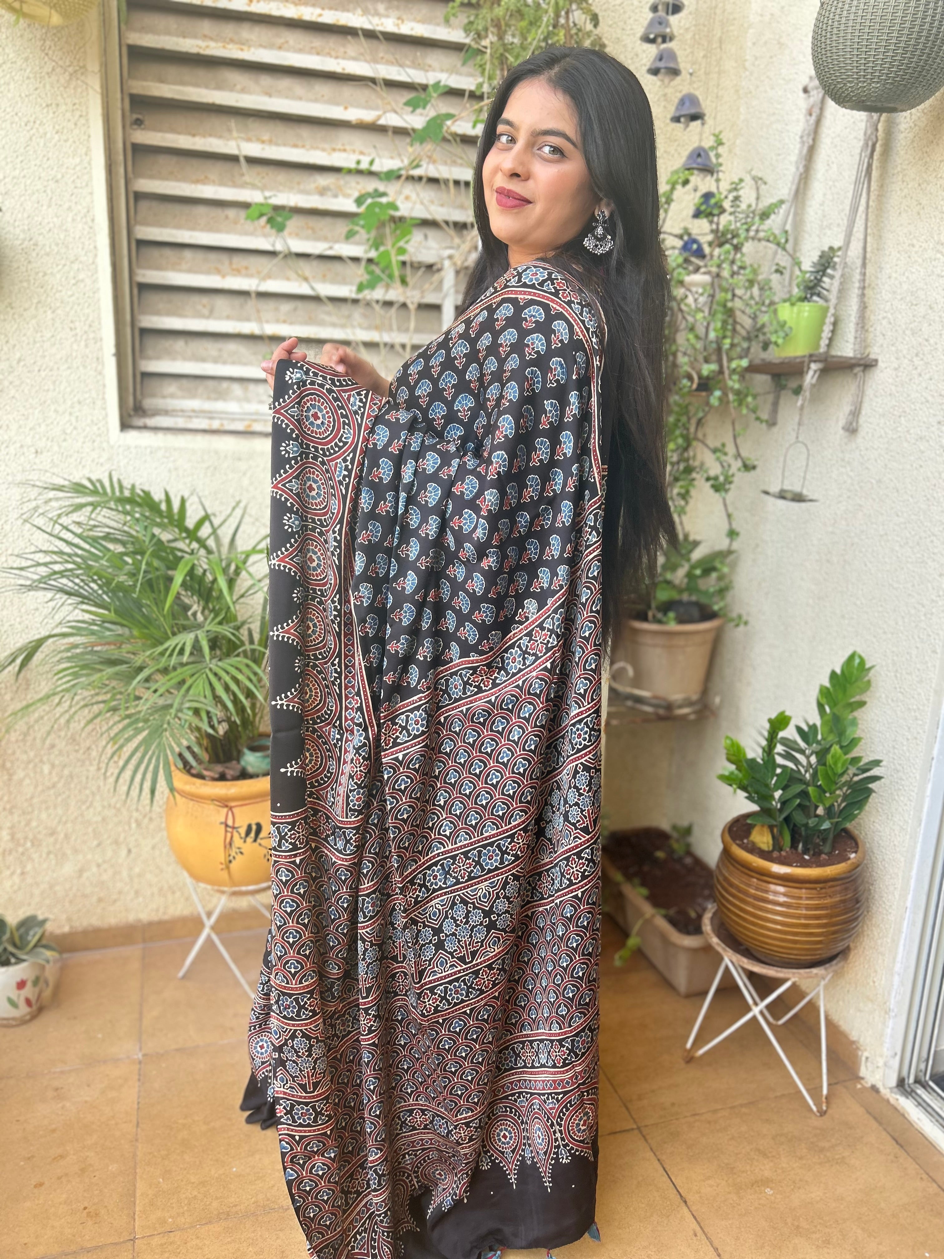 Black Floral Ajrakh Hand block Printed Modal Silk Saree