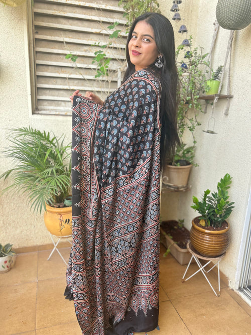 Black Floral Ajrakh Hand block Printed Modal Silk Saree
