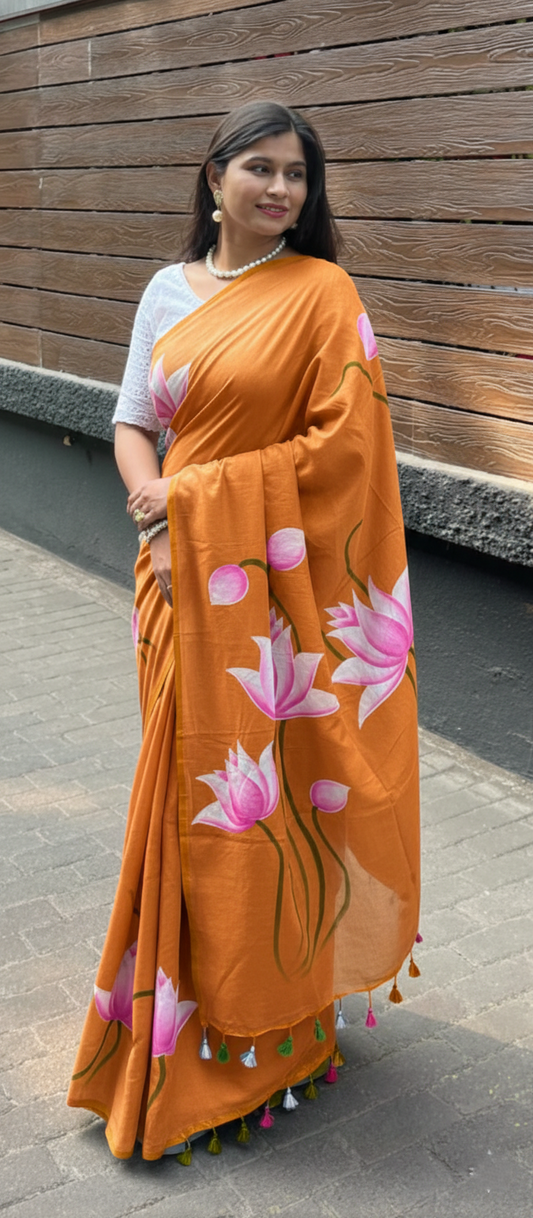 Khadi Lotus Hand painted saree