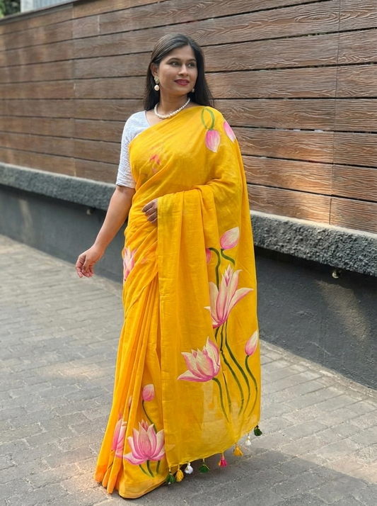 Khadi Lotus Hand painted saree