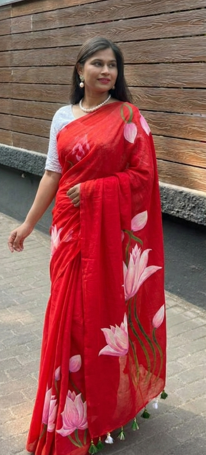Khadi Lotus Hand painted saree