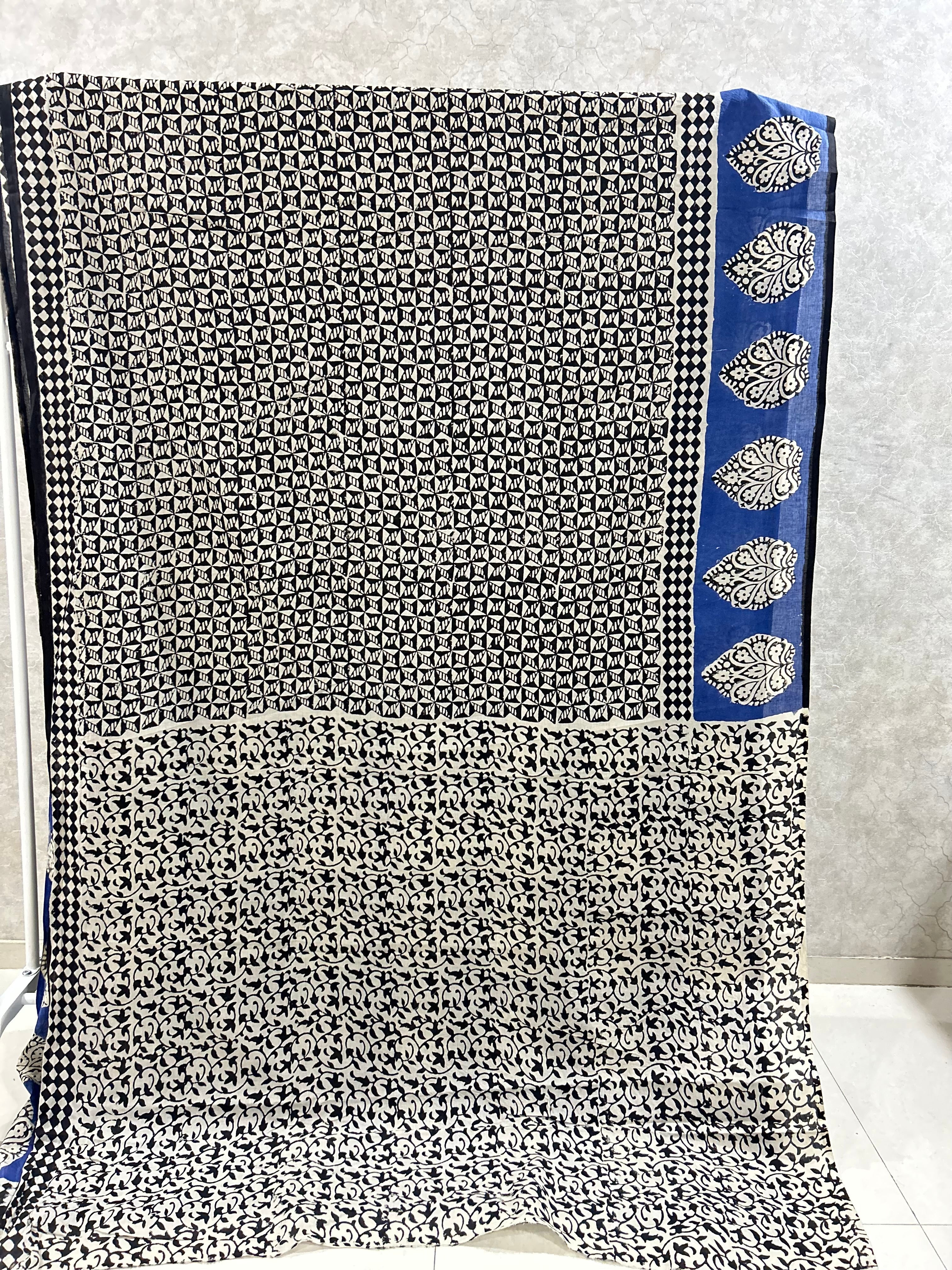 Black Blue Jaipur Mulmul Cotton Handblock Printed Saree
