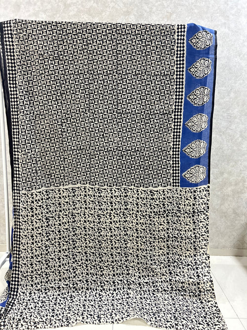 Black Blue Jaipur Mulmul Cotton Handblock Printed Saree
