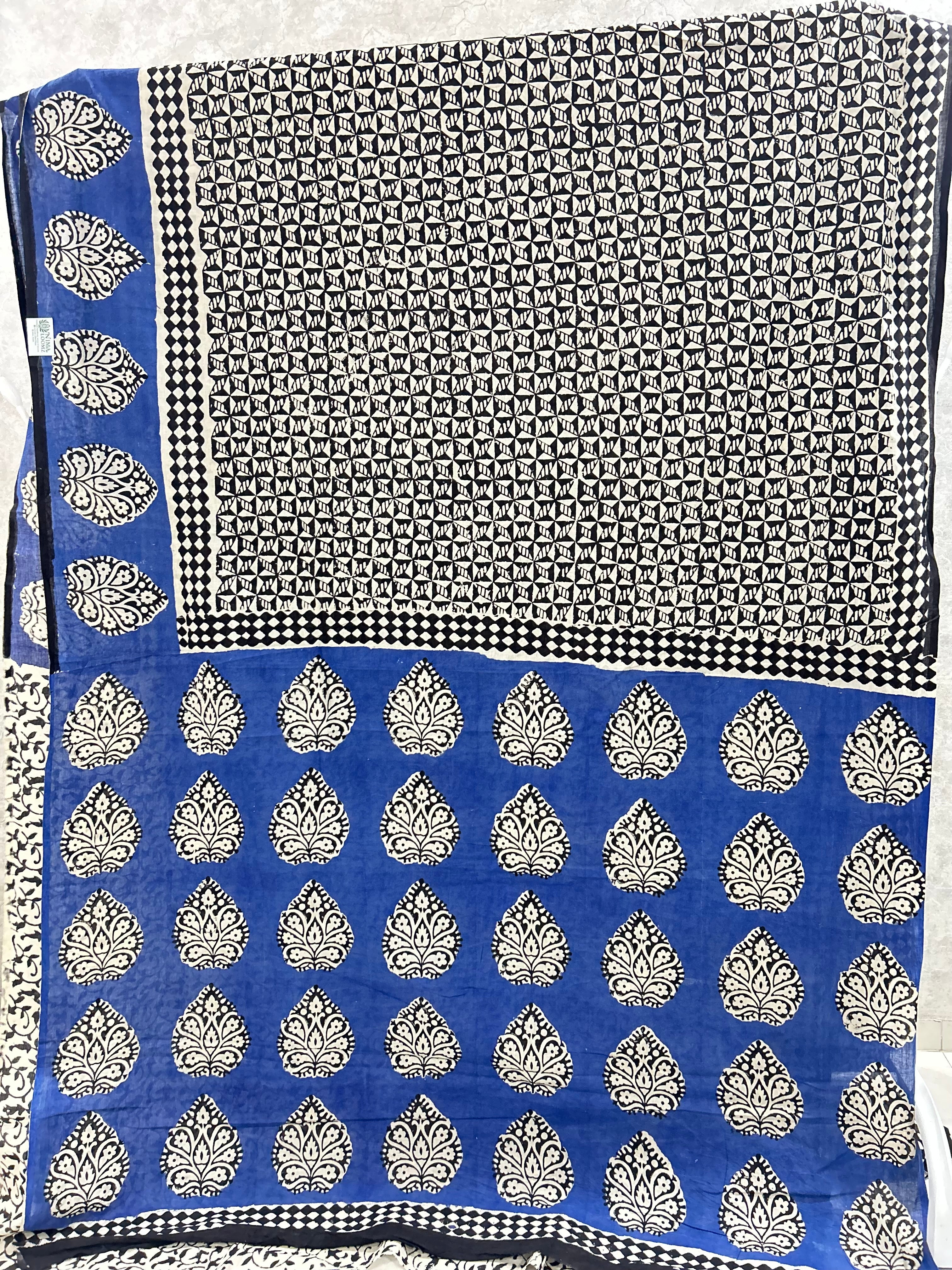 Black Blue Jaipur Mulmul Cotton Handblock Printed Saree