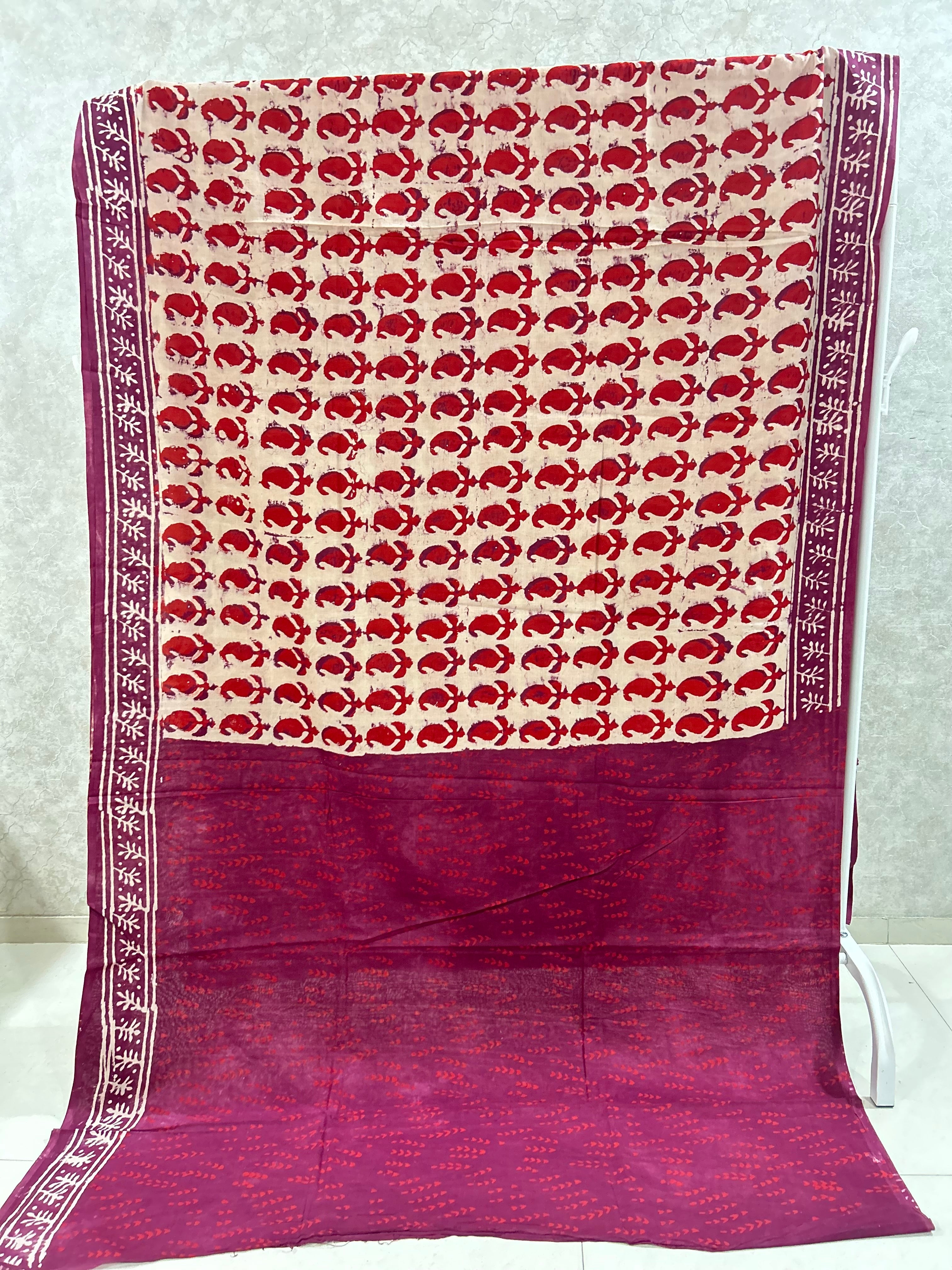 Beige Maroon Ajrak Handblock Printed Jaipur Mulmul Cotton Saree