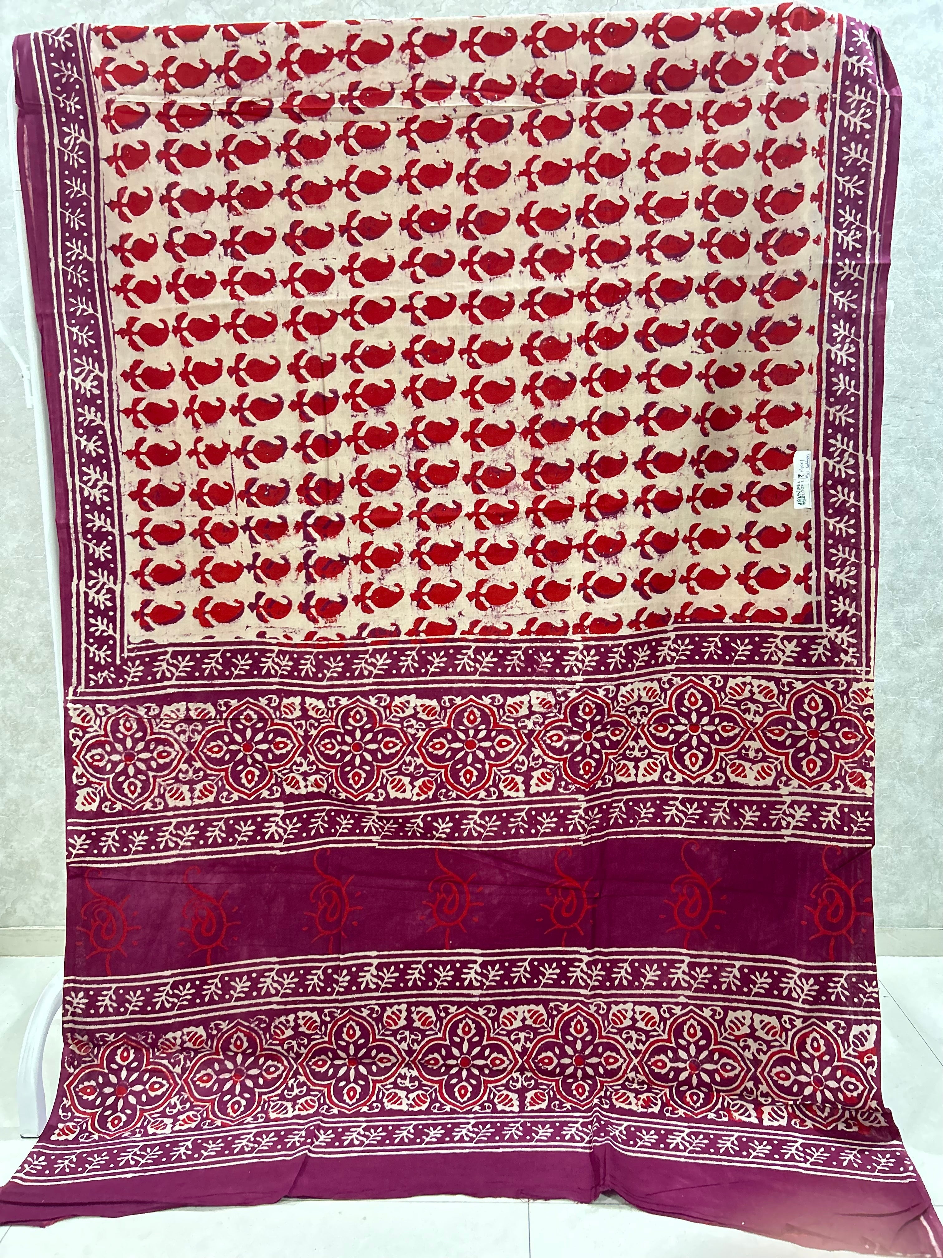 Beige Maroon Ajrak Handblock Printed Jaipur Mulmul Cotton Saree