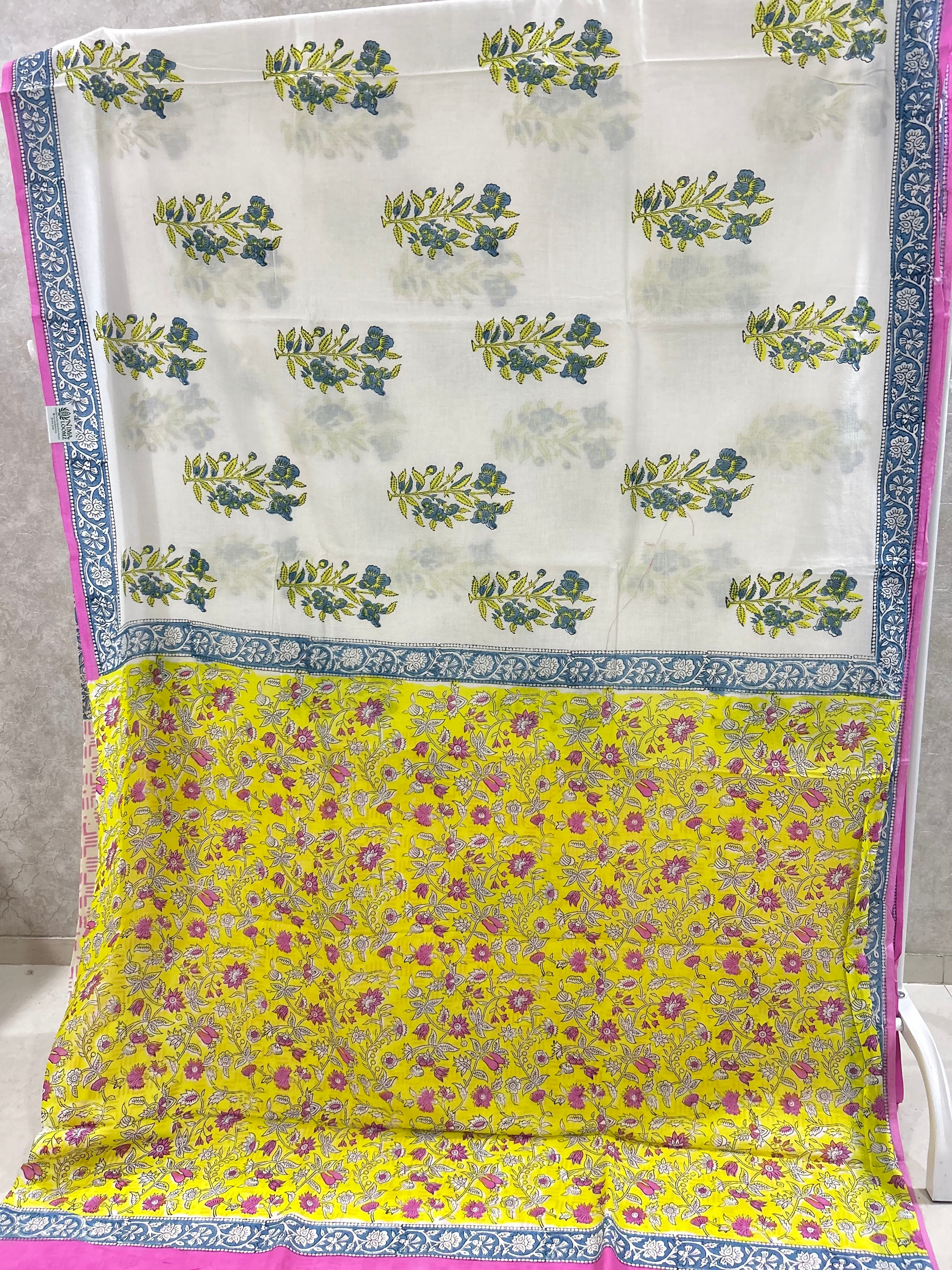 White Handblock Printed Jaipur Mulmul Cotton Saree