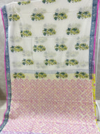 White Handblock Printed Jaipur Mulmul Cotton Saree