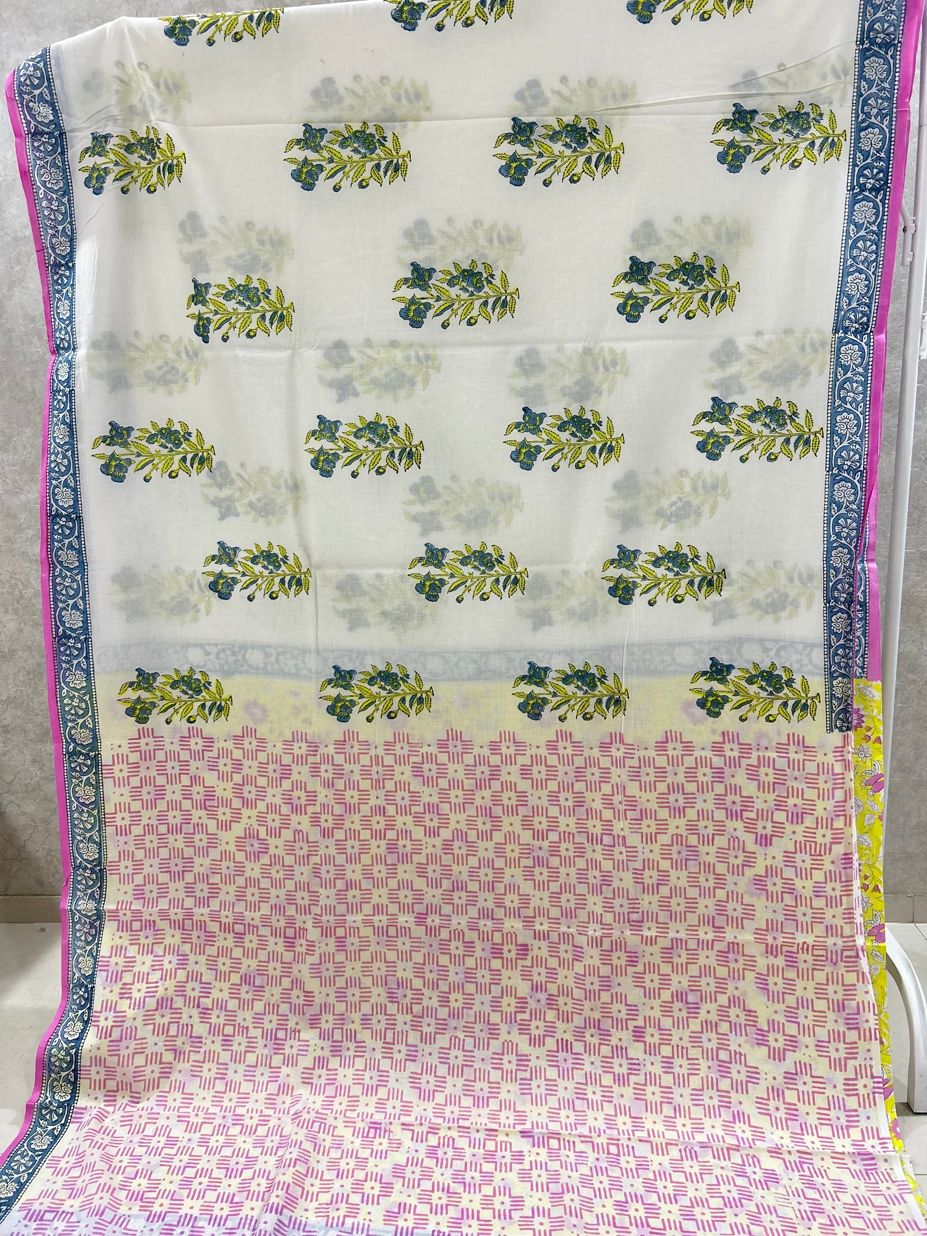 White Handblock Printed Jaipur Mulmul Cotton Saree
