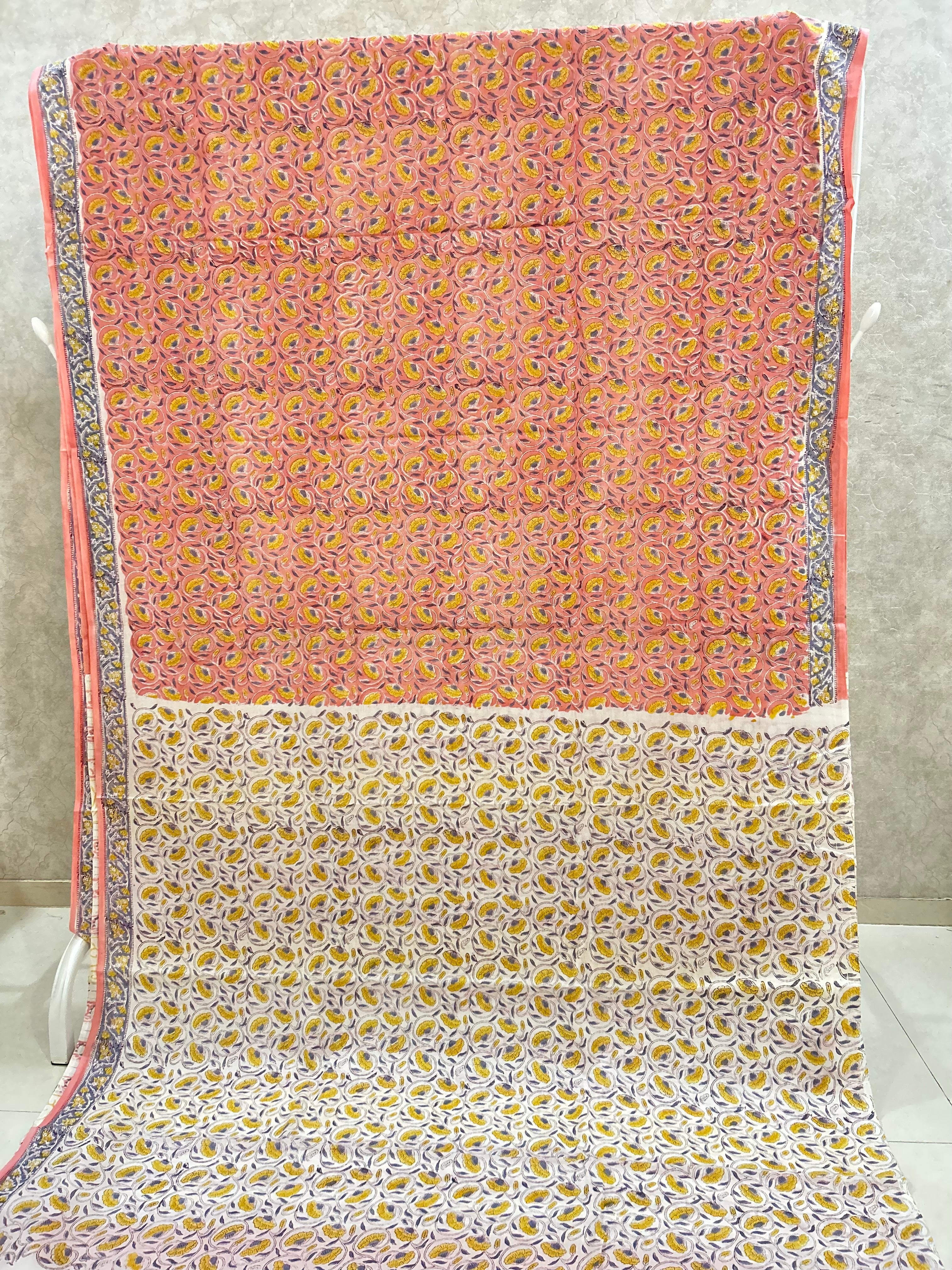 Peach Handblock Printed Jaipur Mulmul Cotton Saree