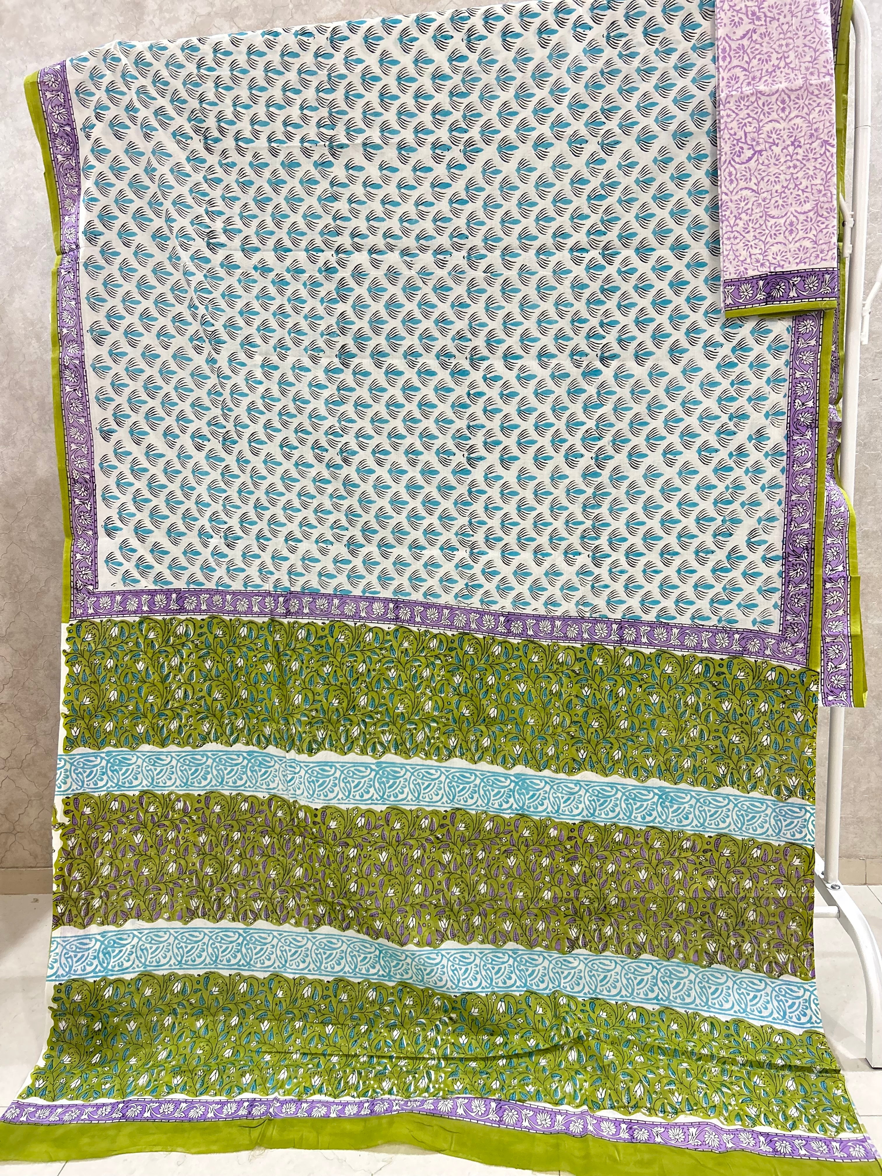 White Sky Blue Ajrak Handblock Printed Jaipur Mulmul Cotton Saree
