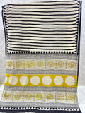 Beige Black Stripe Jaipur Mulmul Cotton Handblock Printed Saree