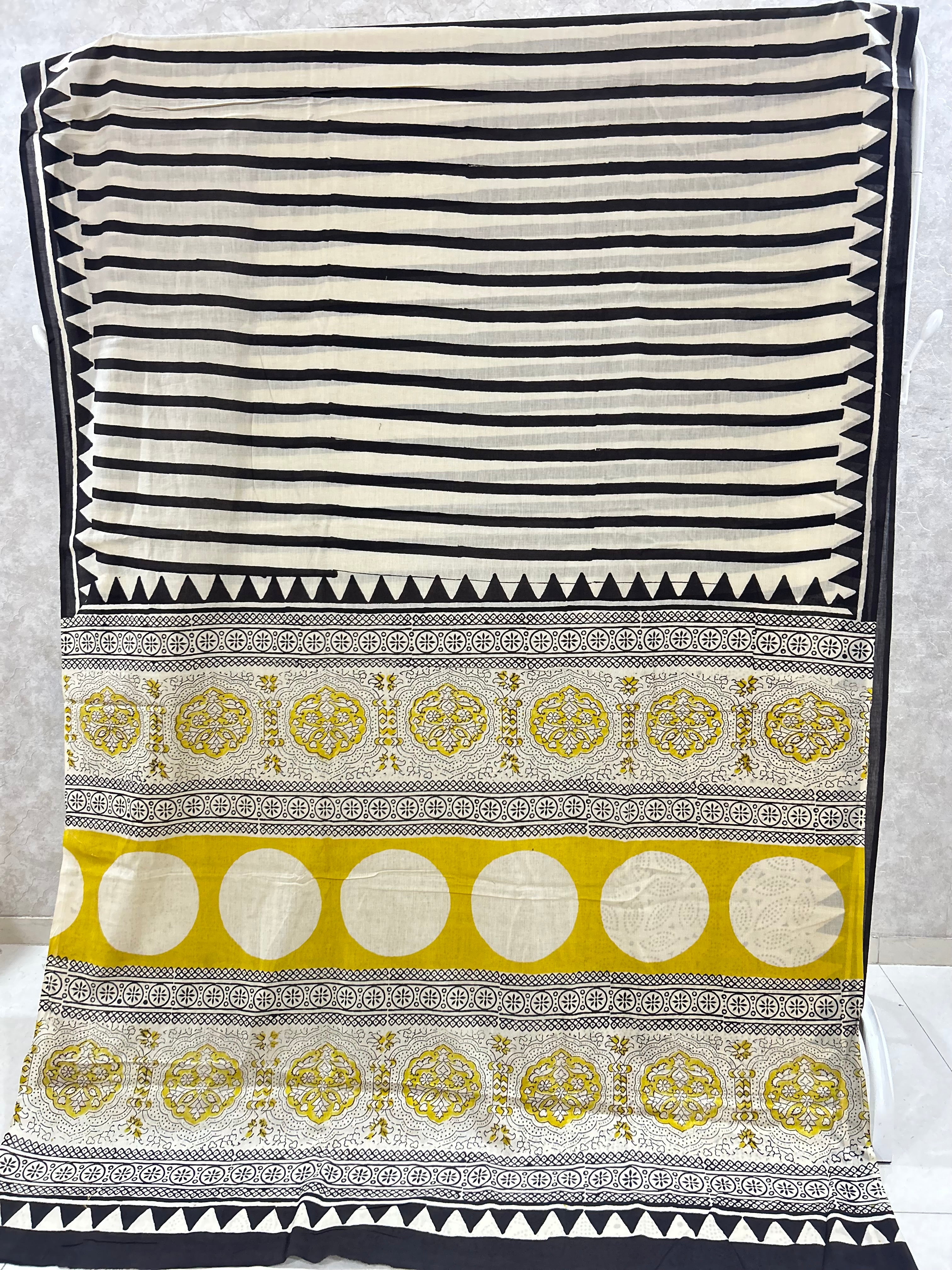 Beige Black Stripe Jaipur Mulmul Cotton Handblock Printed Saree