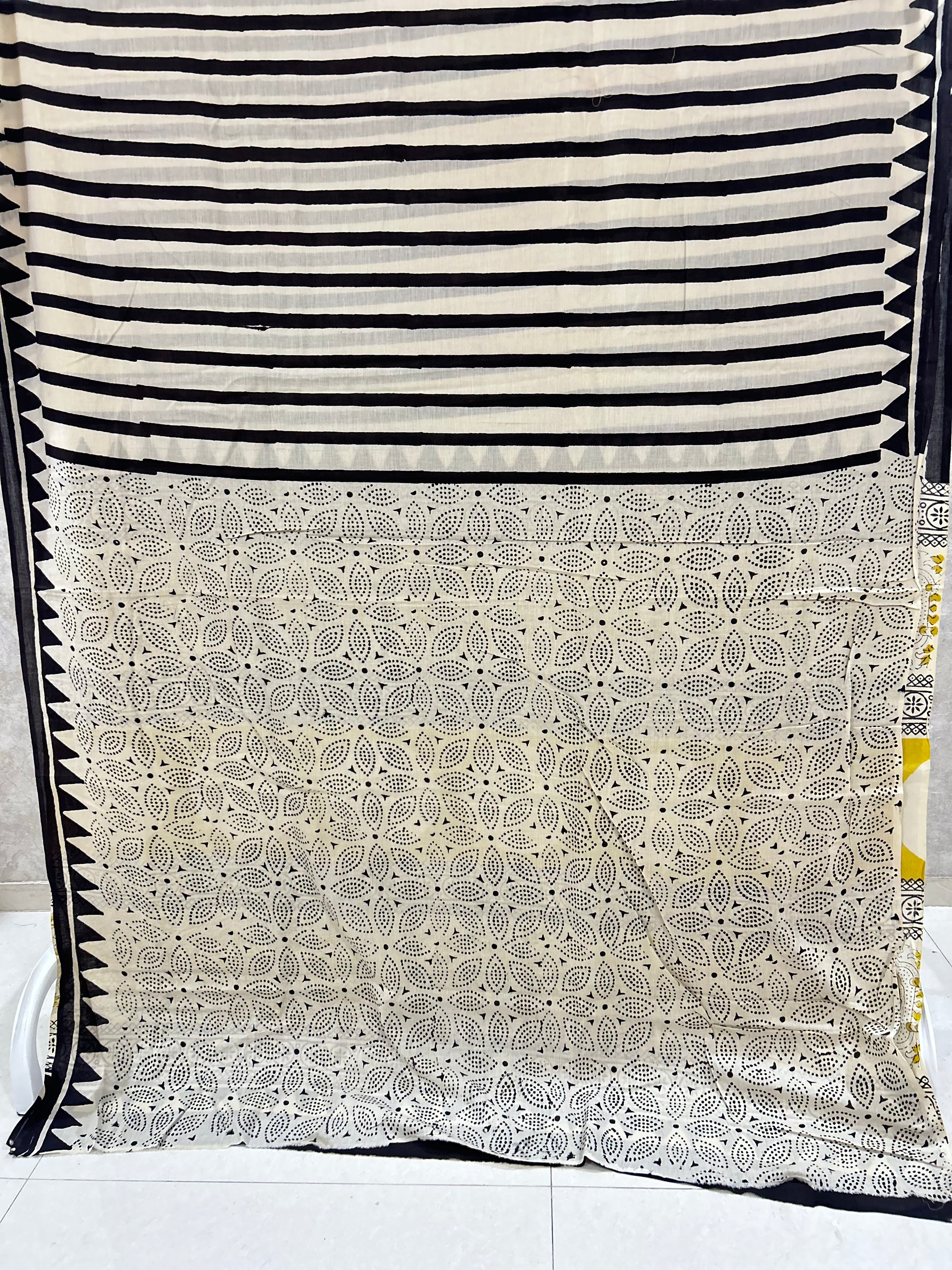 Beige Black Stripe Jaipur Mulmul Cotton Handblock Printed Saree